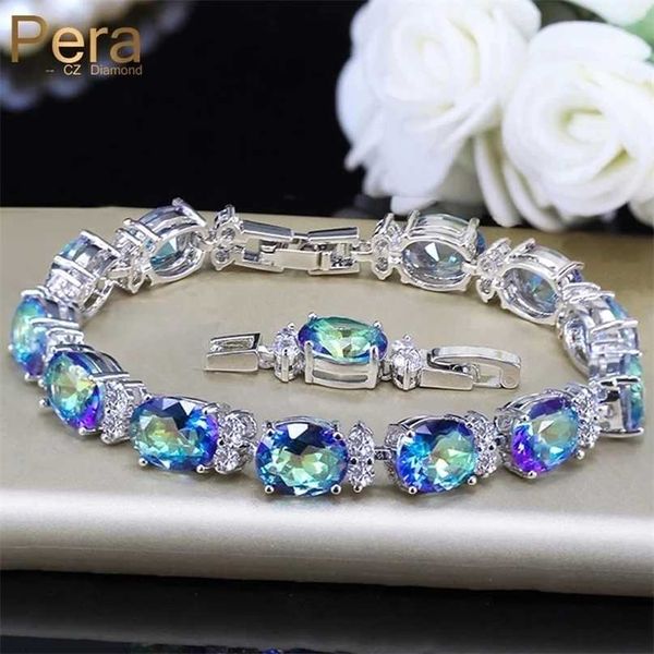 PERA Moda Kadınlar Akşam Parti Takı Doğal Işık Mavi Oval Gökkuşağı Mistik Kristal Taşlar Doğum Günü Hediyesi için Bilezikler B087 211124