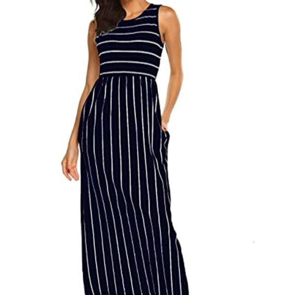 

straddling summer long dress with sleeve stripe and elegant leisure pocket, Black;gray