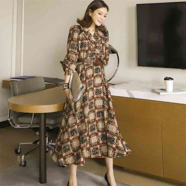 

long maxi korean ladies fall elegant print loose long sleeve office party dress for women china clothing 210602, Black;gray