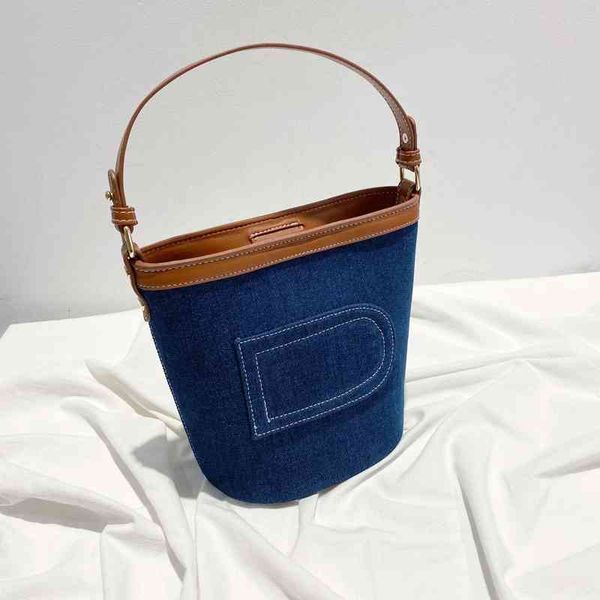 

2021 autumn fashion new denim canvas collage bucket ins versatile single shoulder messenger women's bag