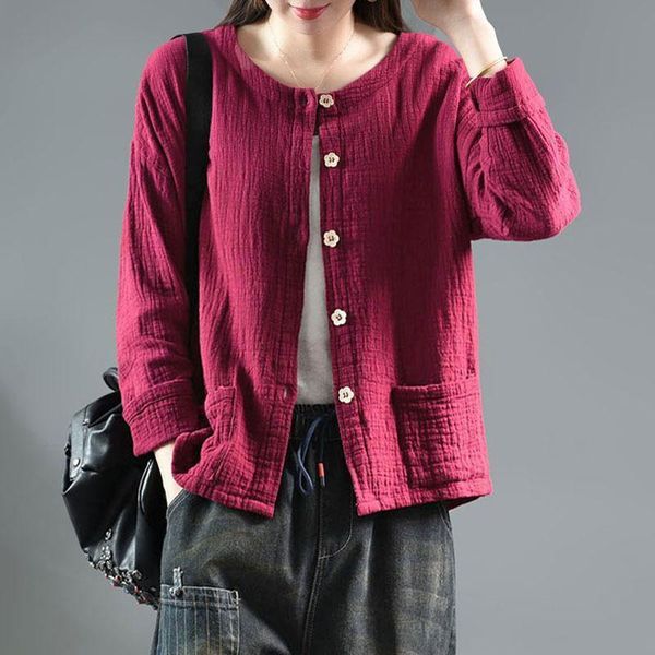 

autumn new arts style women long sleeve loose short coat double pocket cotton single breasted o-neck coats femme jackets m301, Black;brown