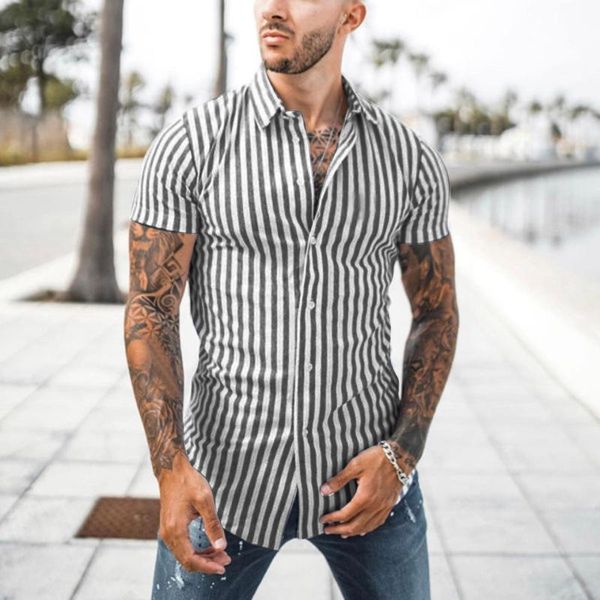 

men's casual shirts summer man vintage black striped short sleeve shirt men oversized ethnic print turndown collar poleras hombre cloth, White;black