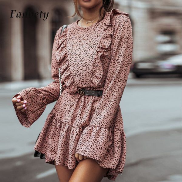 

2021 new ladies print ruffles mini women elegant flare long sleeve party spring casual es streetwear xqbs, Black;gray