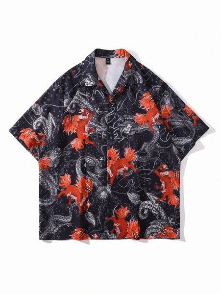 

men chinese dragon print lapel neck shirt u1vl#, White;black