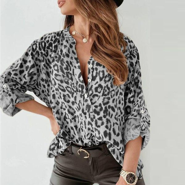 

women's blouses & shirts casual adjust button long sleeve female blouse spring v neck leopard shirt blusa 2021 elegant women loose pull, White