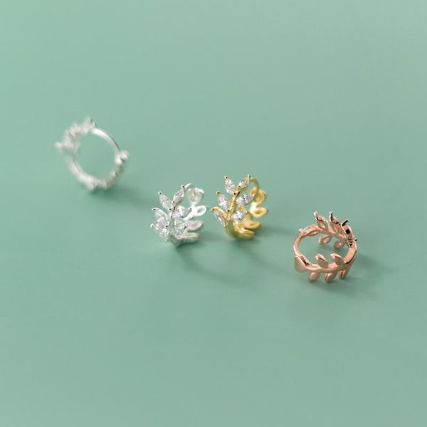 

hoop & huggie real 925 sterling silver small earrings for women teen girls leaf crystal round earings cute korean jewelry 2021, Golden;silver