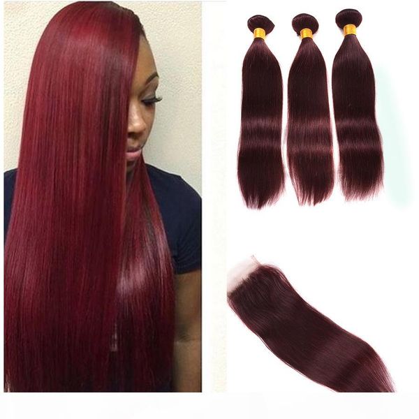 

99j red peruvian straight hair with closure 4x4 lace closure with bundles burgundy human hair 3 bundles with lace closures wholesale price, Black;brown