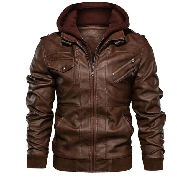 Capuz homens jaqueta de couro motocicleta inverno outono velo morno motociclista vintage casaco masculino moto casual fino piloto jaquetas de couro 211008