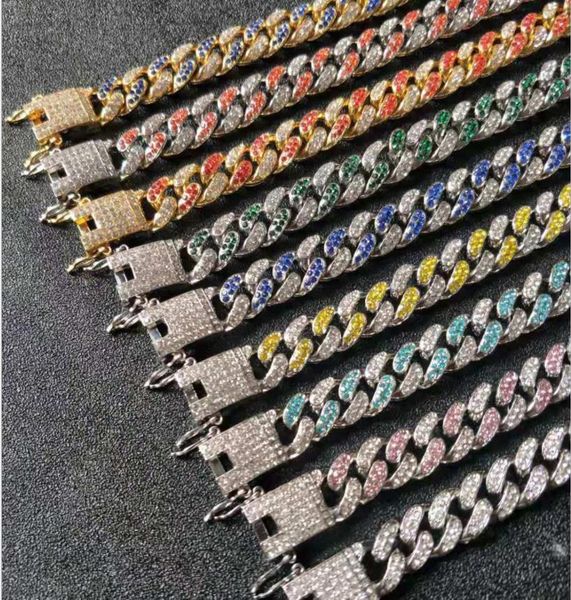 

iced out paved rhinestones 12mm colors full miami curb cuban hand chain cz rapper bracelet for men hiphop jewelry 8mm necklace x0509, Black