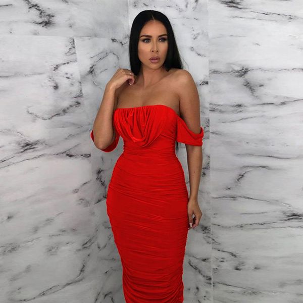 

summer style 2021 new arrivals off shouleder pleated slash neck solid bodycon elegant evening party dress, Black;gray