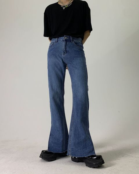 

women's jeans korean version man fashion flare pants color matching design straight men women streetwear denim hip hop baggy tl9z, Blue