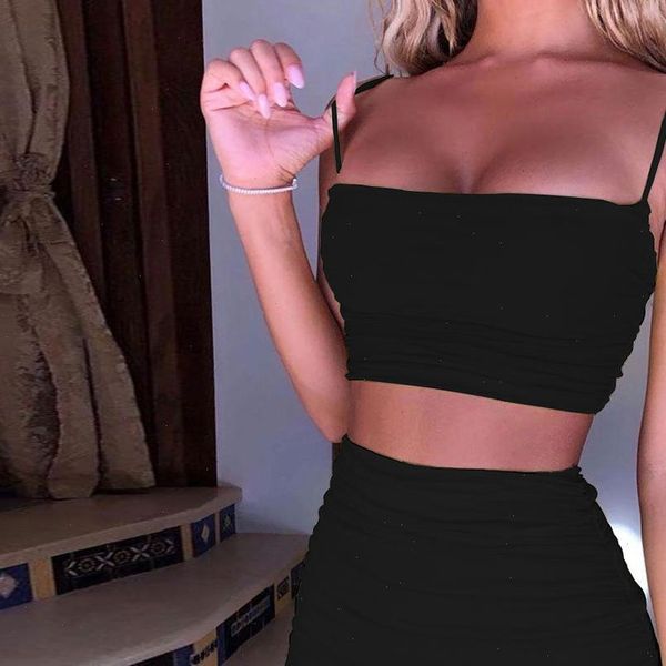 

women two piece set summer spaghetti strap vest backless crop pleated wrap club party bodycon mini skirts lady outfits, Gray