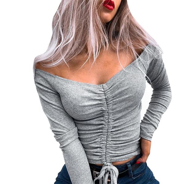 

women's t-shirt women autumn v neck pleated drawstring streetwear sleeve femme clothing solid casual slim crop sj6818m, White