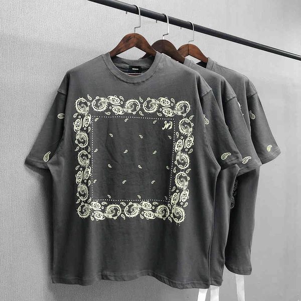 

brand xiaozhongchao brand we11done short sleeve luminous cashew flower print round neck casual lovers loose t-shirt for men, White;black