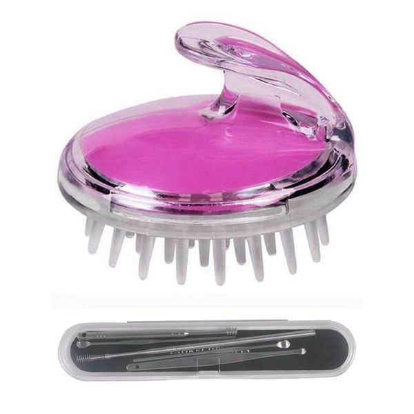 

hair brushes 1pc shampoo scalp head shower massage scrub brush comb & 5 pcs stainless steel spiral ear pick spoon, Silver