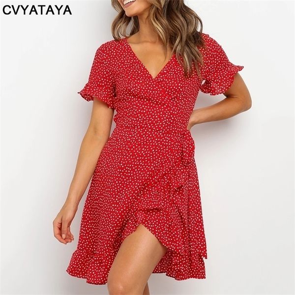 Rosso sexy scollo a V stampa floreale vestito da annodare avvolgente Mini Dres Boho volant bordo svasato manica estate mini abiti abiti 220311