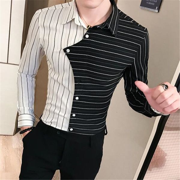 

2021 autumn new tuxedo shirt personality patchwork striped for men clothes long sleeve causal shirts slim fit mens lcqj, White