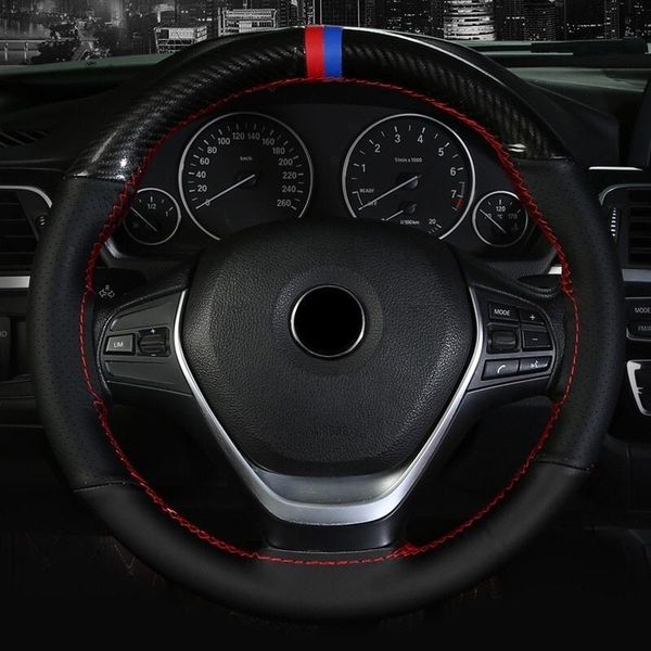 

steering wheel covers hand-sewn car cover 38cm crystal carbon fiber + microfiber leather non-slip wear-resistant handlebar auto parts