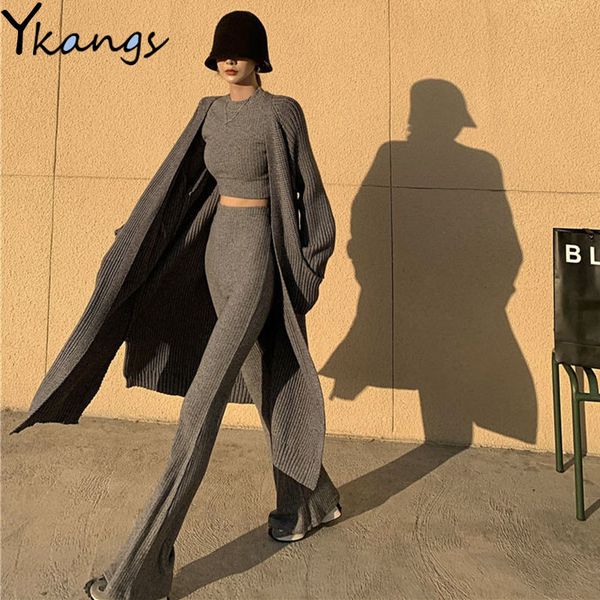

2021 winter fashion knitted three-piece set short sweater long coat + high waist flares pants autumn plus size black gray suit tpg4