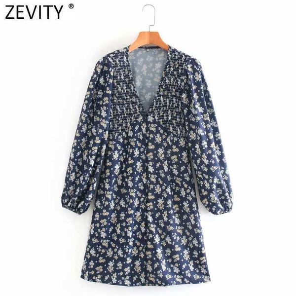 

zevity women vintage v neck elastic flower print a line mini dress femme pleats puff sleeve casual slim vestido cloth ds4665 210603, Black;gray