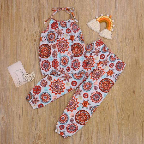 

clothing sets 2-7y girl set summer toddler kid clothes outfit elephant floral printed sleeveless halter pants 2pcs, White