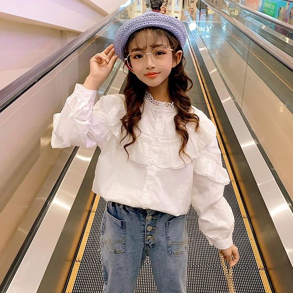 

shirts ins hpt girls lace shirt 3-14 years old spring and autumn children's clothing solid mandarin collar long sleeve kids clothes, White;black