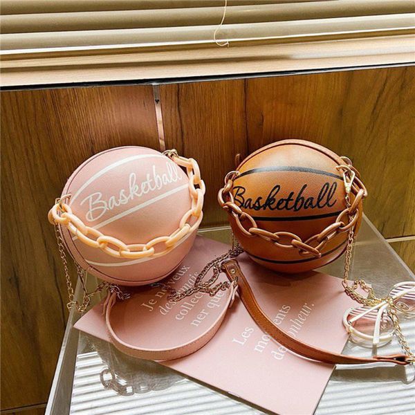 

cross body fashion basketball round shaped shoulder bags for women acrylic chain casual small totes purse pu leather messenger crossbody