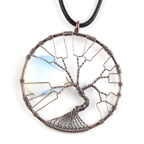 

pendant necklaces copper wire wrap tree of life with moon opalite opal rope chain necklace red agates jewelry, Silver