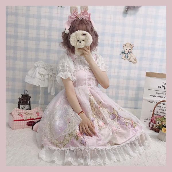 

casual dresses olomlb japanese style lolita dress kawaii sleeveless clothing for girl summer sweet star printing pullover princess, Black;gray