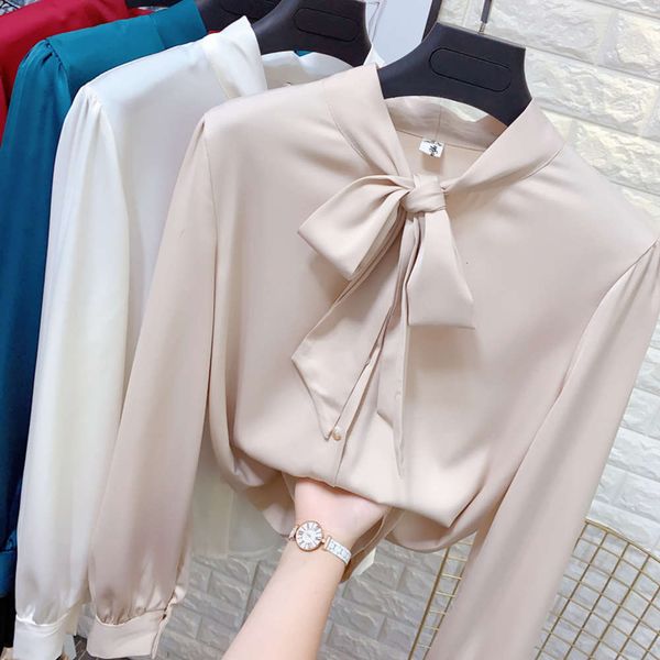 

bow tie long sleeve chiffon women's autumn new loose temperament lace up shirt silk satin top, White