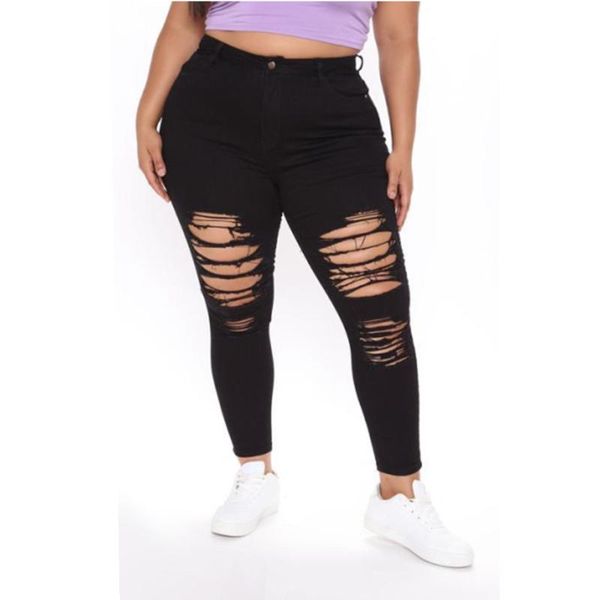 

women's jeans plus size skinny fashion streetwear casual slim black jean denim pants elasticity ripped distressed trousers, Blue