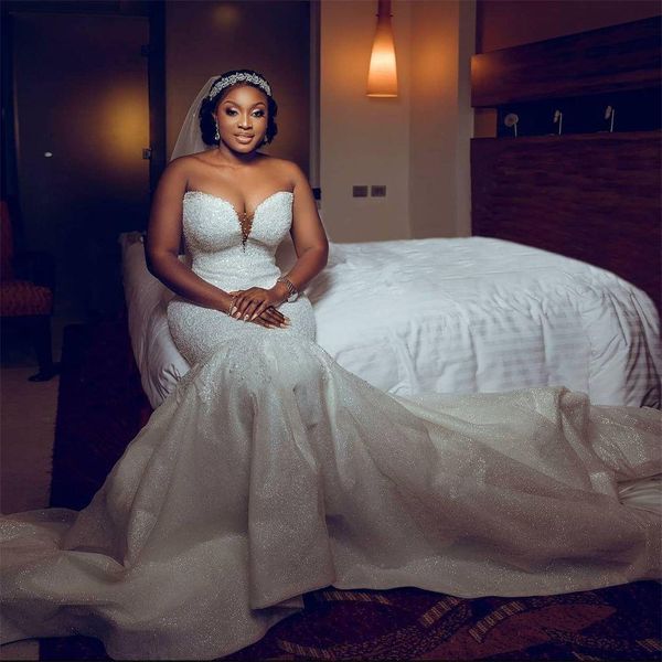 

plus size arabic aso ebi sparkly wedding dresses sweetheart lace beaded vestidos de novia custom made bridal gowns, White