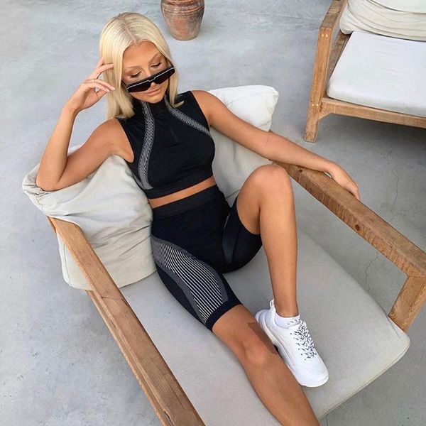 

women's jumpsuits & rompers fitness print woman's two-piece suit fashion wockout striped female summer bodybuding woman, Black;white