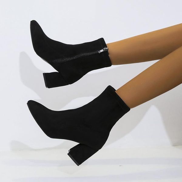 

boots 2021 winter pointed toe zipper suede snow warm high heels chunky women shoes fashion party pumps botas zapatos, Black