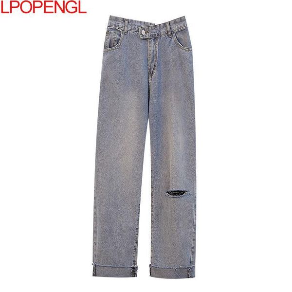 

women's jeans skinny casual fashion patchwork harajuku aesthetic denim trousers ripped holes summer ladies straight, Blue