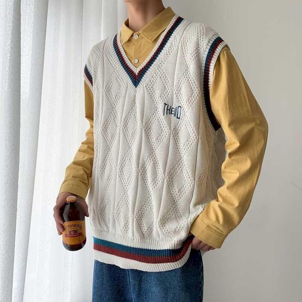 

men's vests 2021 autumn lovers clothing v-collar sweater vest students knitting loose pullover grey/white color v-neck vintage, Black;white