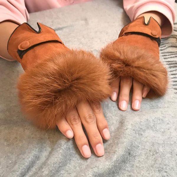 

five fingers gloves winter fashion female keep warm sheepskin half finger natural fur fingerless fleece s2790, Blue;gray