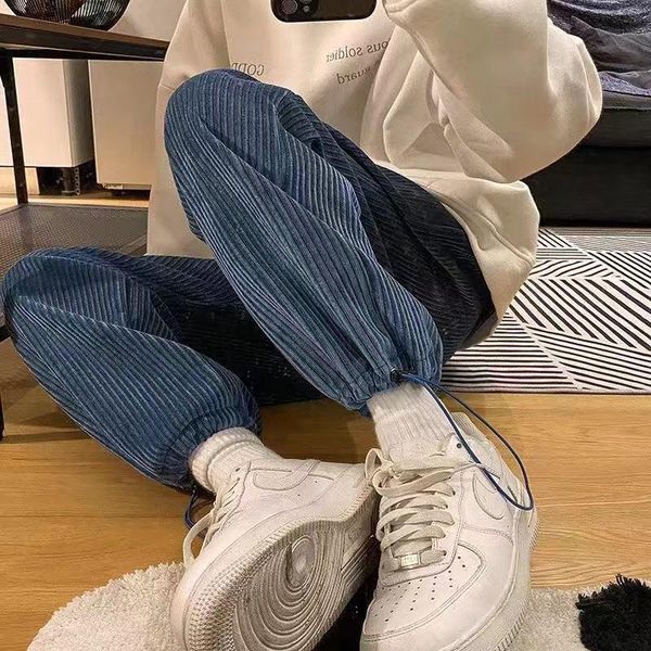 

men's pants warm korean street 2021 casual tie leg straight corduroy pure color oversized jogging men, Black
