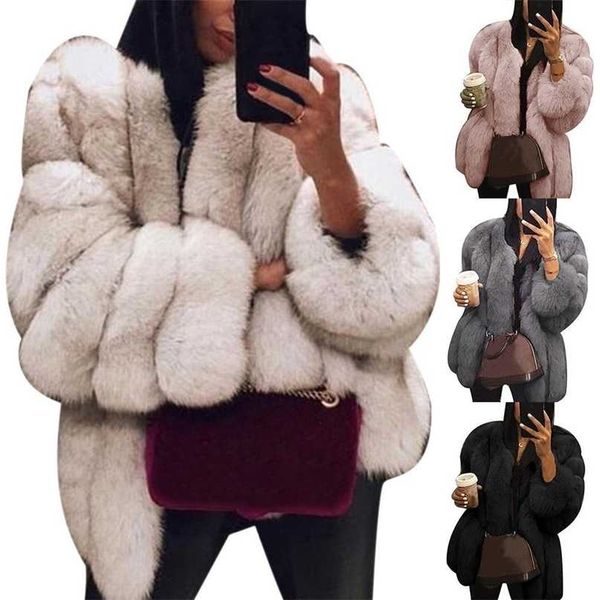 

women faux fur jacket coat plus size s-5xl short warm ry outerwear autumn winter overcoat outwear 211220, Black