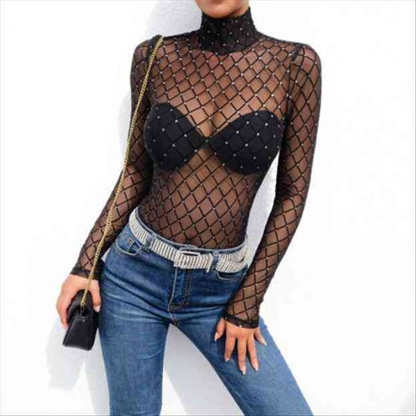 

women net mesh fishnet bodysuit slim long sleeve leotard jumpsuit beachwear diamond gauze perspective jumpsuit, Black;white
