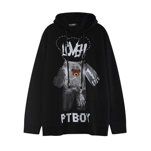 

chao brand american high street bear print hoodie male student street large terry sweater hoodie, Black