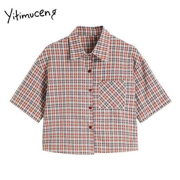 

yitimuceng red plaid blouse women vintage pockets button up shirts straight short sleeve summer korean fashion 210601, White