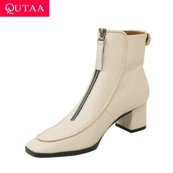 

boots qutaa 2021 cow leather autumn winter ankle retro square toe zipper short high heel women shoes size 34-39, Black
