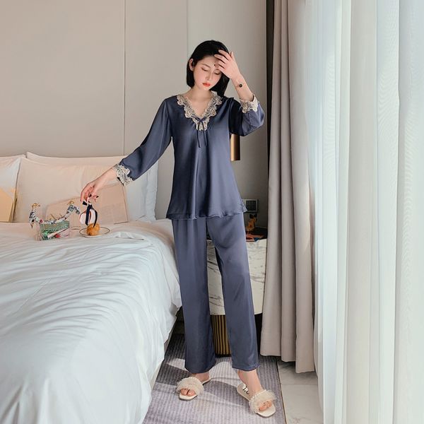 

fashion pullover sleepwear womens rayon satin cute pajamas girls long sleeve +pants casual lounge wear, Black;red