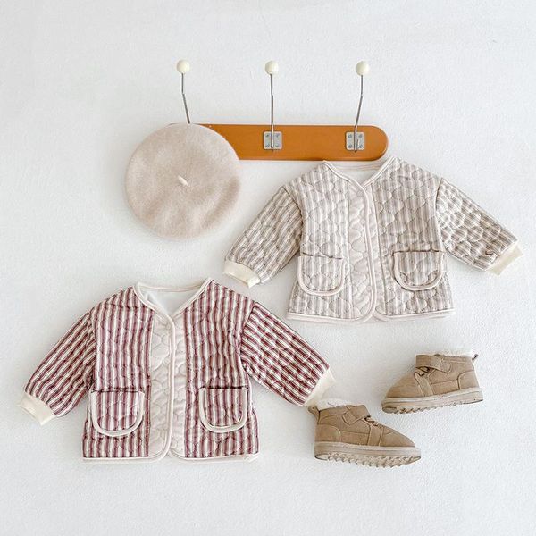 

jackets fashion baby coat autumn winter children's striped padded quilted crew neck jacket born boy girls keep warm long sleve top, Blue;gray