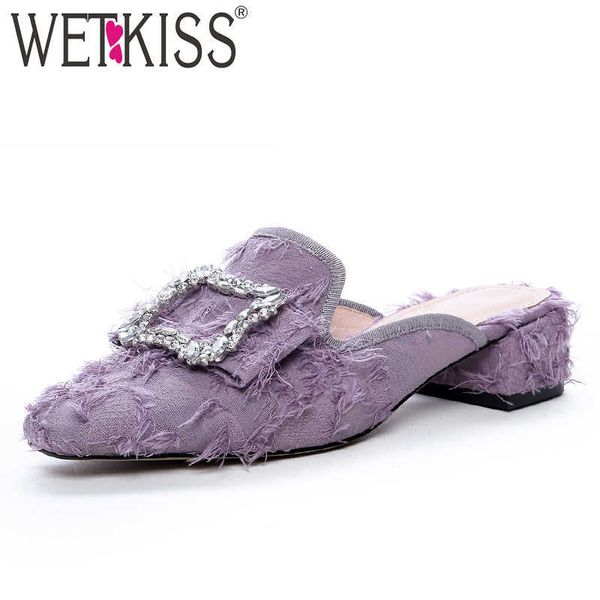 

wetkiss tassel slippers women square toe footwear crystal slides shoes female thick med heels mules shoes woman summer 210630, Black