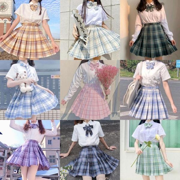 

clothing sets school girl uniform pleated skirts japanese high waist a-line plaid skirt jk uniforms for woman full set, White