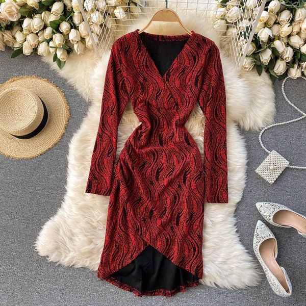 

casual dresses shiny lurex knitted dress women v neck long sleeve slim pencil autumn korean fashion streetwear irregular dza419, Black;gray