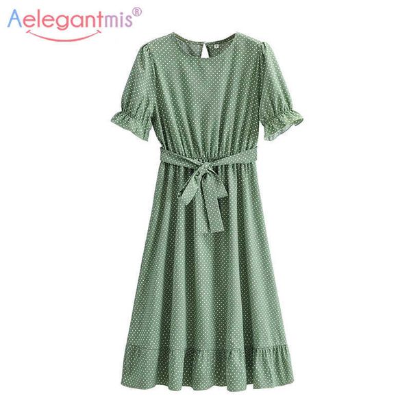 Aelegantmis Noktalar Baskı Uzun Elbise Kadın O Boyun Sashes Puf Kol Vestido De Mujer Yaz Kısa Vintage Elbiseler 210607