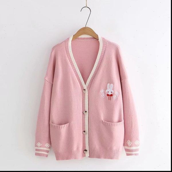 

new autumn korean mori girl sweet lolita cute bunny embroidery knitted sweater japanese women long sleeve cardigan coat knitwear, White;black